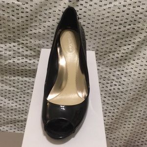 Black peep toe patent black heels
